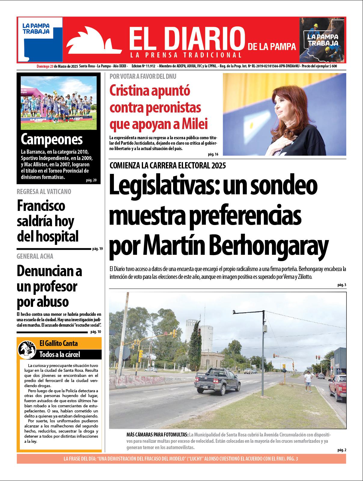 Tapa de El Diario en papel  domingo 23 de marzo de 2025